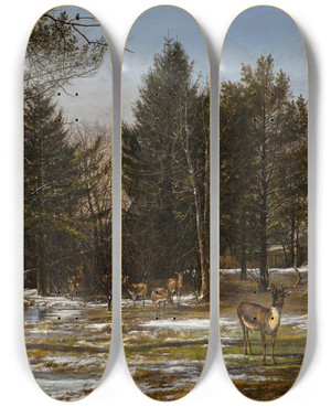 Triptych art skateboard deck of Pieter Gerardus Van Os A Wooded Winter Landscape With Deer by Pieter Gerardus Van Os (1776-1836)