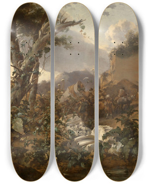 Triptych art skateboard deck of Nicolaes Pietersz Berchem Italian Landscape With A Cavalry Battle by Nicolaes Pietersz Berchem (1620-1683)
