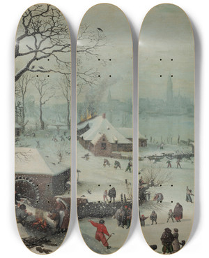 Triptych art skateboard deck of Lucas Van Valckenborch Winter Landscape With Snowfall Near Antwerp_2 by Lucas Van Valckenborch (1530-1597)