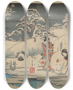 Triptych art skateboard deck of And Hiroshige Three Women Making A Snow Rabbit In A Garden by Ando Hiroshige (1797-1858)
