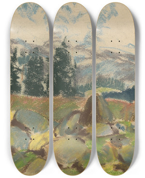 Triptych art skateboard deck of Zolo Palugyay Summer Day On Rocky Forest Clearing by Zolo Palugyay (1898-1935)