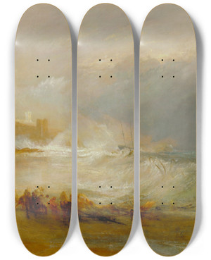 Triptych art skateboard deck of Joseph Mallord William Turner Wreckers Coast Of Northumberland With A Steamboat Assisting A Ship Off Shore by Joseph Mallord William Turner (1775-1851)