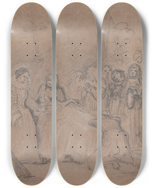 Triptych art skateboard deck of Wilhelm Trbner Study The Birth by Wilhelm Trubner (1851-1917)