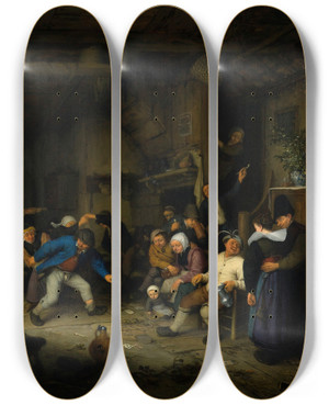 Triptych art skateboard deck of Adriaen Van Ostade Peasants Dancing In A Tavern by Adriaen Van Ostade (1610-1684)