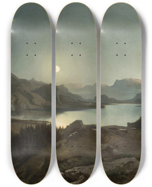 Triptych art skateboard deck of August Schaeffer Von Wienwald Alpine Lake by August Schaeffer Von Wienwald (1833-1916)