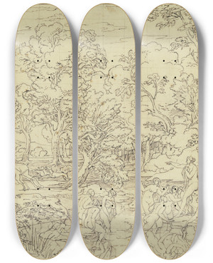 Triptych art skateboard deck of Joseph Anton Koch Landschaft Mit Diana Und Akton_1 by Joseph Anton Koch (1768-1839)