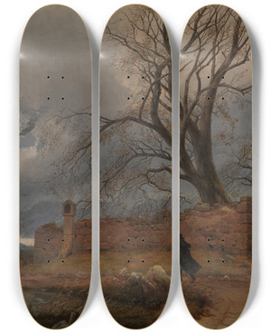 Triptych art skateboard deck of Carl Julius Von Leypold Wanderer In The Storm by Carl Julius Von Leypold (1806-1874)