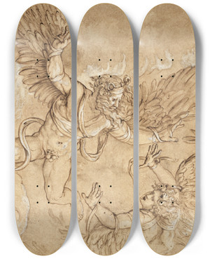 Triptych art skateboard deck of Giulio Romano Copy After Giulio Romanos Fall Of Icarus by Giulio Romano (1492-1546) Triptych art skateboard deck of Giulio Romano Copy After Giulio Romanos Fall Of Icarus by Giulio Romano (1492-1546)