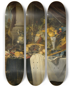Triptych art skateboard deck of Jan Davidsz De Heem A Banquet Still Life_1 by Jan Davidsz de Heem (1606-1684)