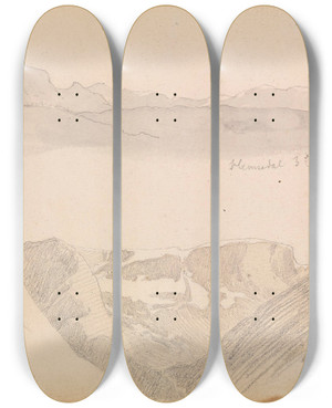 Triptych art skateboard deck of Hans Gude Fra Hemsedal Fra Lrdal by Hans Gude (1825-1903)