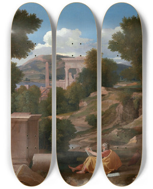 Triptych art skateboard deck of Nicolas Poussin Landscape With Saint John On Patmos by Nicolas Poussin (1594-1665)