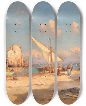 Triptych art skateboard deck of Henry Malfroy A View Of Martigues French Riviera by Henry Malfroy (1895-1944)