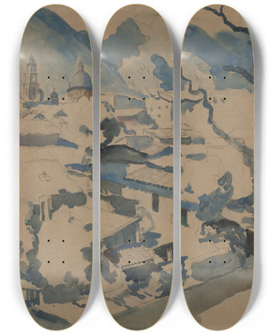 Triptych art skateboard deck of George Overbury Hart Rooftops At Orizabamexico by George Overbury Hart (1868-1933)