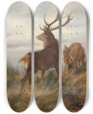 Triptych art skateboard deck of Carl Friedrich Deiker Rotwild In Der Morgendmmerung by Carl Friedrich Deiker (1836-1892)