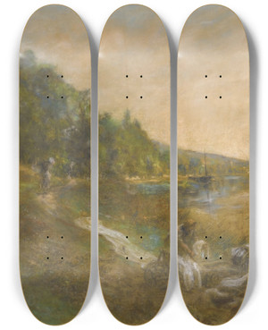 Triptych art skateboard deck of Lon Augustin Lhermitte Laveuses La Marne Le Matin by Lon Augustin Lhermitte (1844-1925)