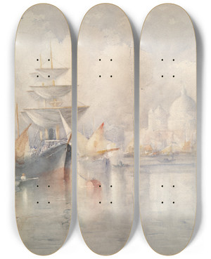 Triptych art skateboard deck of Willis Seaver Adams Morning Invenice by Willis Seaver Adams (1844-1921)