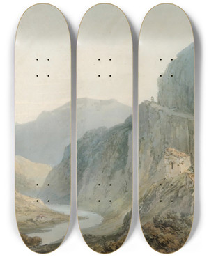 Triptych art skateboard deck of Joseph Mallord William Turner Ascent To The Cascade Of Terni by Joseph Mallord William Turner (1775-1851)