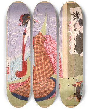 Triptych art skateboard deck of Tsukioka Yoshitoshi The Story Of Okoma Of Shirokiya by Tsukioka Yoshitoshi (1839-1892)