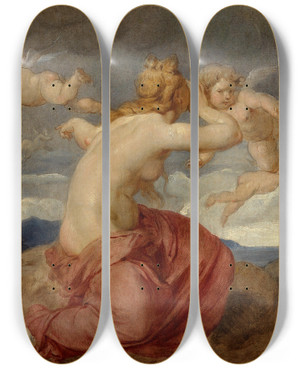 Triptych art skateboard deck of Hans Canon Allegorie Der Telegraphie by Hans Canon (1829-1885)