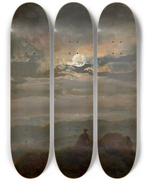 Triptych art skateboard deck of Johan Christian Dahl Moonlit Landscape Wanderer On A Mountain Top by Johan Christian Dahl (1788-1857)