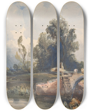 Triptych art skateboard deck of Thomas Sully Landscape With Canal And Lock Figures At Lock by Thomas Sully (1783-1872)