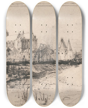 Triptych art skateboard deck of Sir Frank Short St Osyth Church by Sir Frank Short (1857-1945)
