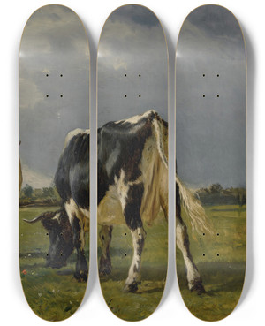 Triptych art skateboard deck of Constant Troyon Cows In A Pasture by Constant Troyon (1810-1865)