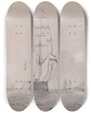 Triptych art skateboard deck of Willem Anthonie Van Deventer Hollands Zeilschip Voor De Kust Van Gibraltar by Willem Anthonie Van Deventer (1824-1893)