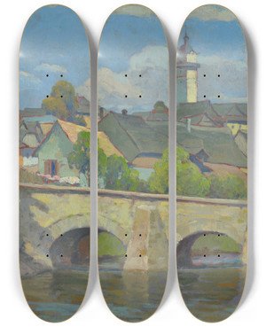 Triptych art skateboard deck of Udovt Ordk A Small Town In Spi by udovt ordk (1865-1937)