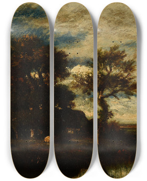 Triptych art skateboard deck of Jules Dupr Paysage Avec Cours Deau by Jules Dupre (1811-1889)