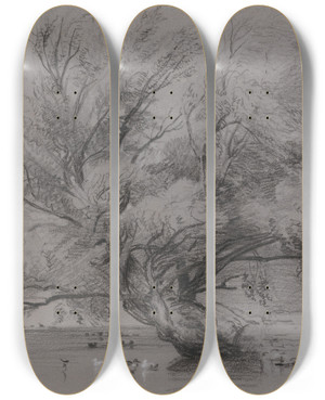 Triptych art skateboard deck of Peter Dewint Pond With Willow Tree And Ducks by Peter Dewint (1784-1849)