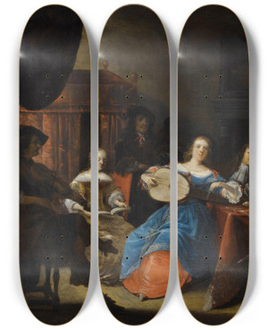 Triptych art skateboard deck of Anthonie Palamedesz An Elegant Company Making Music In An Interior by Anthonie Palamedesz (1601-1673)