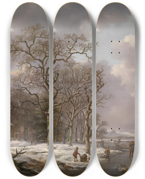 Triptych art skateboard deck of Andreas Schelfhout Figures In A Winter Landscape by Andreas Schelfhout (1787-1870)