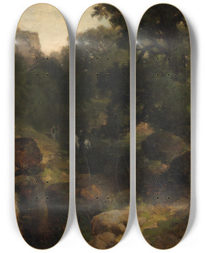 Triptych art skateboard deck of Thomas Moran The Dell by Thomas Moran (1837-1926)