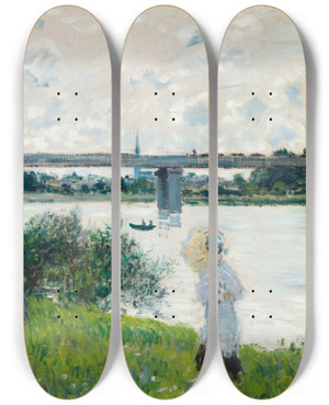 Triptych art skateboard deck of Claude Monet The Promenade With The Railroad Bridge Argenteuil by Claude Monet (1840-1926)