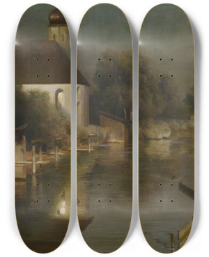 Triptych art skateboard deck of Paul Wilhelm Kellerreutlingen Flusslauf Mit Kapelle Von Frstenfeldbruck by Paul Wilhelm Keller-Reutlingen (1854-1920)