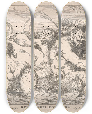 Triptych art skateboard deck of John Hamilton Mortimer Revengeful Monsters by John Hamilton Mortimer (1740-1779)