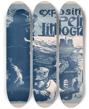Triptych art skateboard deck of Auguste Louis Lepre Affiche Voor De Tweede Tentoonstelling Van De Peintres Lithographes by Auguste Louis Lepere (1849-1918)