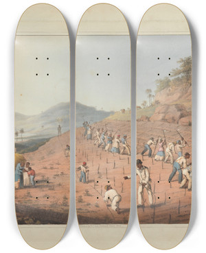 Triptych art skateboard deck of William A V Clark Digging Or Rather Hoeing The Caneholes by William A V Clark (19-)