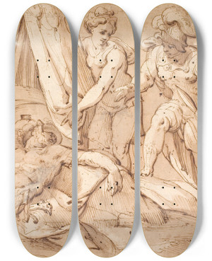 Triptych art skateboard deck of Hans Von Aachen Jael And Sisera by Hans Von Aachen (1552-1615)