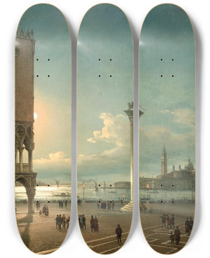 Triptych art skateboard deck of Giovanni Grubacs The Piazzetta Di San Marco In Moonlight Venice by Giovanni Grubacs (1829-1919)