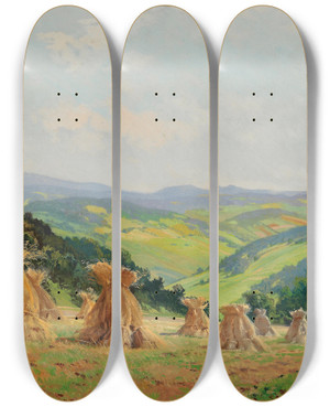 Triptych art skateboard deck of Hugo Darnaut Waldviertler Voralpenlandschaft by Hugo Darnaut (1850-1937)