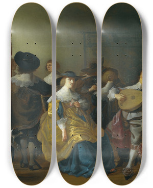 Triptych art skateboard deck of Anthonie Palamedesz An Interior Scene With An Elegant Company Making Merry by Anthonie Palamedesz (1601-1673)