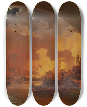 Triptych art skateboard deck of Philip James De Loutherbourg The Great Fire Of London by Philip James De Loutherbourg (1740-1812)