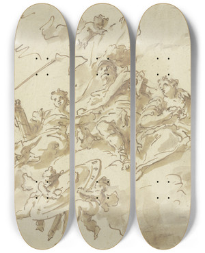 Triptych art skateboard deck of Gaspare Diziani Allegorische Figurengruppe Auf Wolken_1 by Gaspare Diziani (1689-1767)