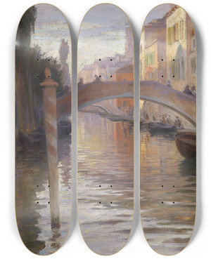 Triptych art skateboard deck of Imre Gergely Abendstimmung In Venedig by Imre Gergely (1868-1914)