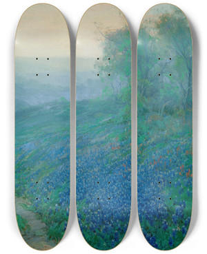 Triptych art skateboard deck of Julian Onderdonk Bluebonnets At Dawn North Of San Antonio by Julian Onderdonk (1882-1922)