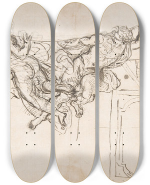 Triptych art skateboard deck of Carlo Maratti Study For Nude Male Figures Supporting A Frame And Plan Of The Ceiling Decoration Of Palazzo Altieri Rome by Carlo Maratti (1625-1713)