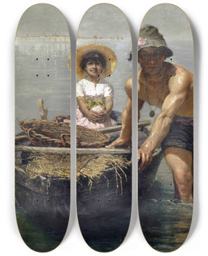 Triptych art skateboard deck of Edmond Jean De Pury In The Lagoons Of Venice by Edmond Jean de Pury (1845-1911)