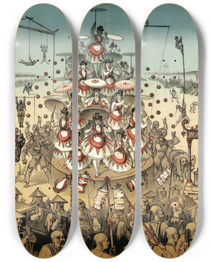 Triptych art skateboard deck of Alfred Choubrac Les Japonais by Alfred Choubrac (1853-1902)